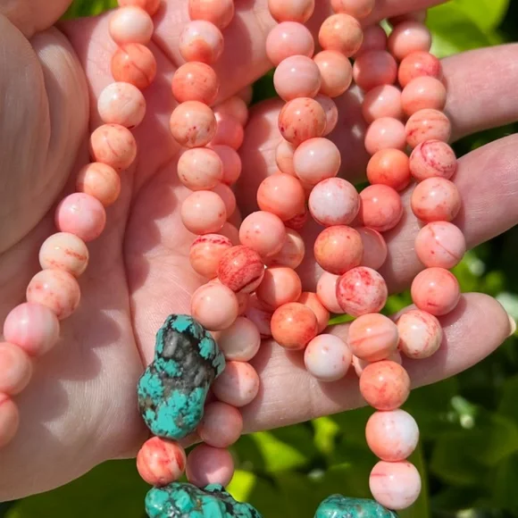 VINTAGE ANGEL SKIN CORAL &LARGE TURQUOISE BEADS LONG NECKLACE UNIQUE COLOR COMBO
